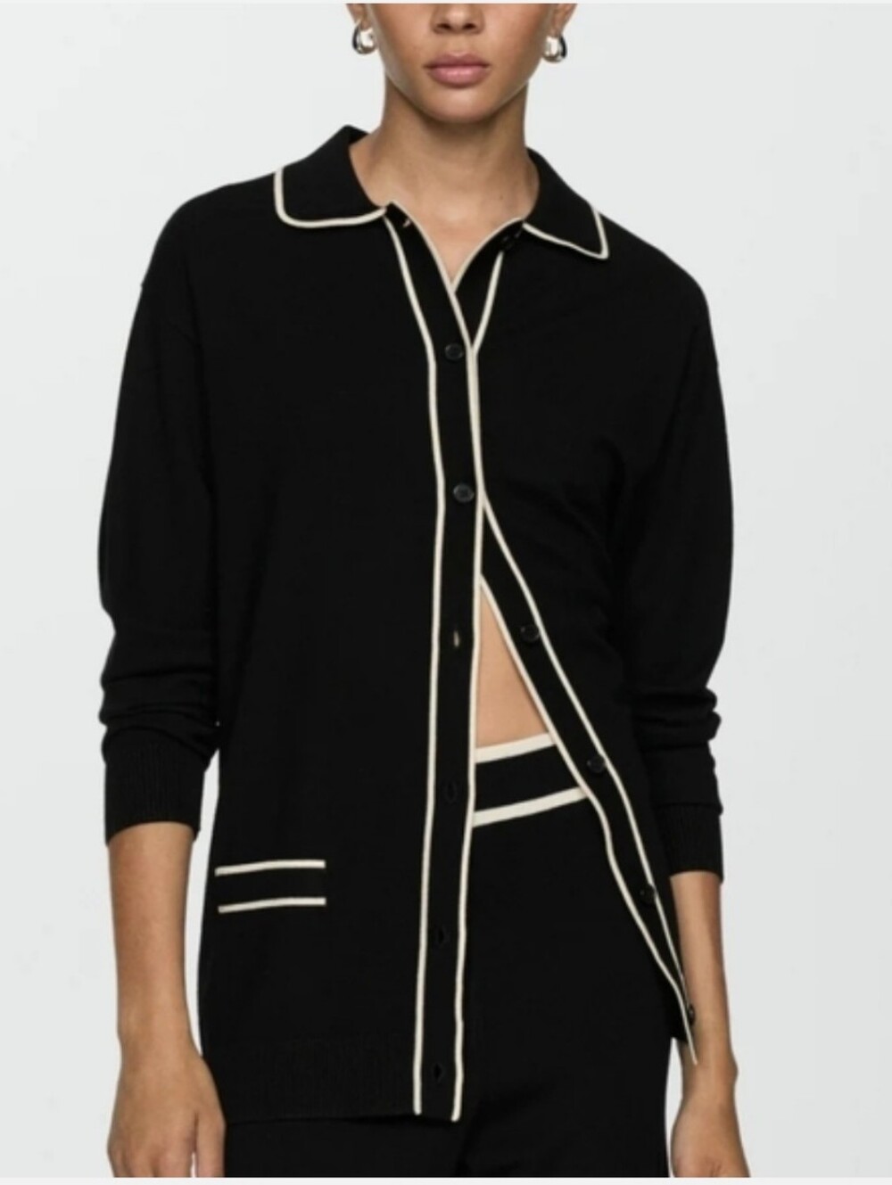 New - MANGO Black & Cream Contrast Trim Collared Cardigan, Size M
